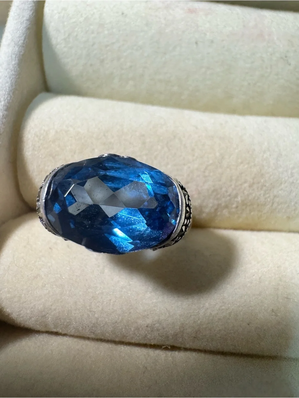Vintage 925 Sterling Silver Marcasite London Blue Topaz Ring Size 6 6.1g